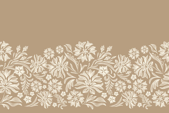 Vintage Floral patterns seamless background border embroidery ethnic batik retro. Flower motifs paisley batik. Brown silhouette watercolour flowers ikat design hand drawn. Vector illustration.