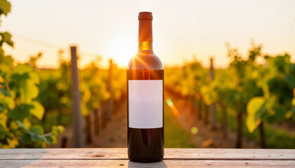 Fototapeta premium Wine bottle label template, elegant wine bottle showcased vertically in a vineyard setting during golden hour