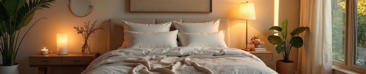 Serene bedroom sanctuary, promoting relaxation and rejuvenation with soft lighting, plush bedding, and calming decor  Perfect for sleep, meditation, and overall well-being , wellness, candles