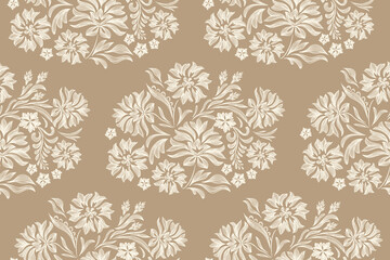 Vintage Floral patterns seamless background border embroidery ethnic batik retro. Flower motifs paisley batik. Brown silhouette watercolour flowers ikat design hand drawn. Vector illustration.