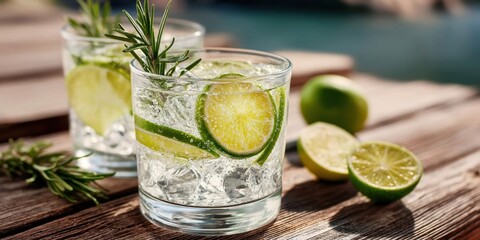 Fototapeta premium Refreshing Gin Tonic Cocktail with Lime and Rosemary on Wooden Table