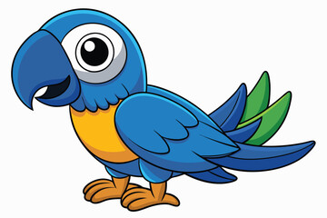 Adorable Blue and Yellow Cartoon Macaw Parrot with Big Eyes and Green Feathers