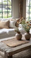 Rustic Farmhouse Living Room with Wildflower Vases