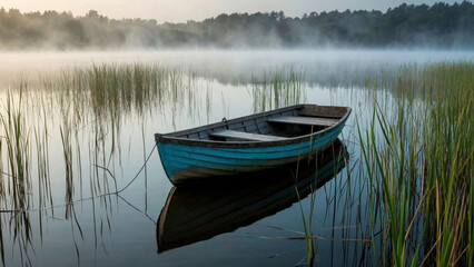 Obraz premium lonely blue boat floating on calm lake with misty morning atmosphere 