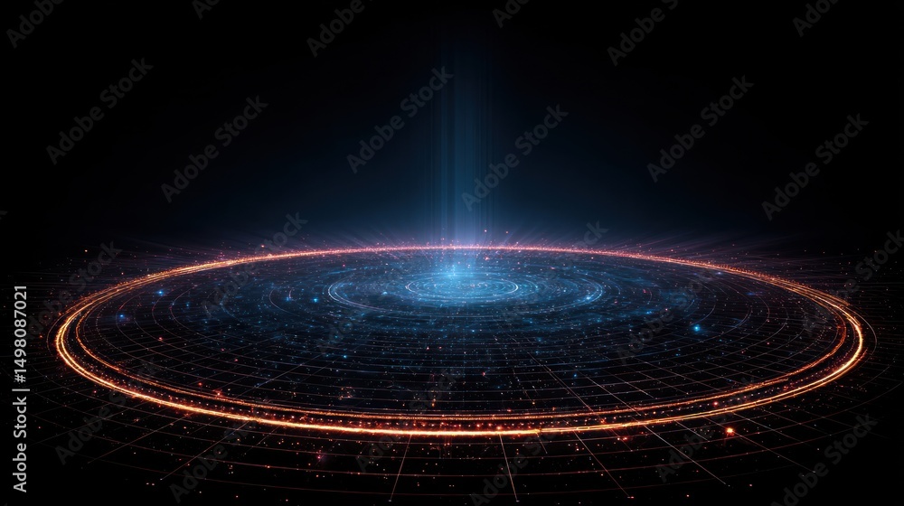 Poster abstract glowing platform with beam of light in dark space.