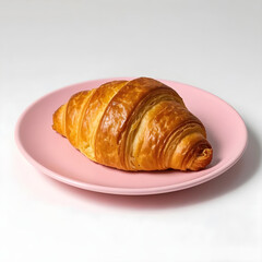 Single buttery croissant on pink plate isolated on white background