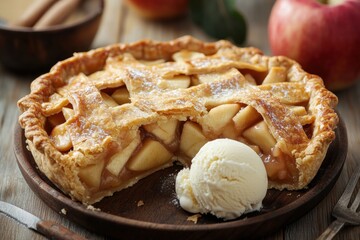 Homemade apple pie with rustic crust and ice cream