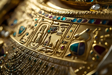 Ancient egyptian gold jewelry with hieroglyphs and colorful gemstones