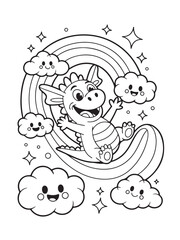 Cheerful Cartoon Dragon Sliding Down Rainbow Coloring Page for Kids