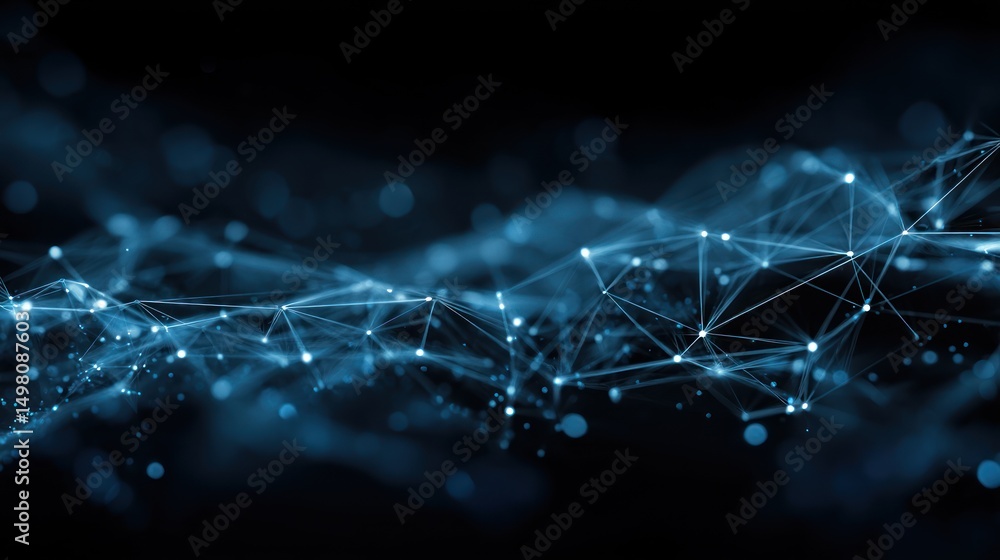 Poster abstract network with glowing nodes and connecting lines on a dark background.