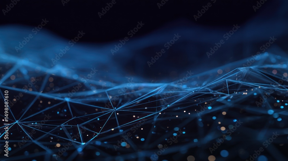 Poster abstract network of interconnected lines and dots on a dark blue background.
