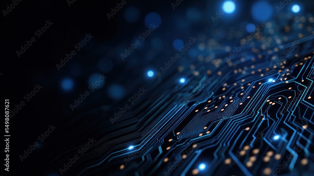 Poster abstract circuit board design with glowing lights on a dark background.