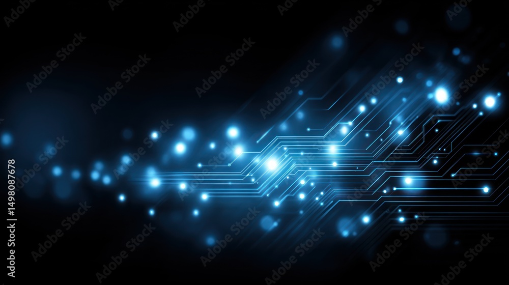 Poster abstract blue light streaks and dots on a dark background creating a network effect.
