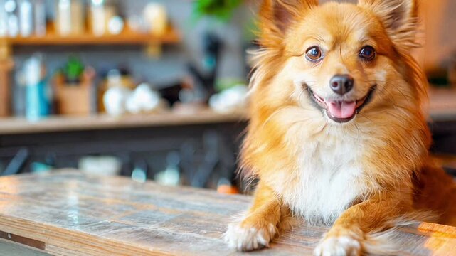 Happy Fluffy Dog Sitting On Cozy Cafe Counter. Concept Of Pet-Friendly Places, Animal Companionship, Lifestyle Branding, Small Business Atmosphere, And Modern Urban Pet Culture