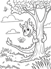 Playful Dragon Peeking Behind Tree Coloring Page with Butterflies and Clouds