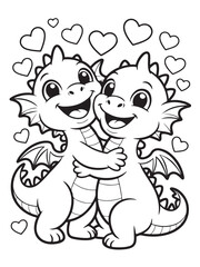 Two Cute Baby Dragons Hugging Coloring Page with Hearts for Toddlers