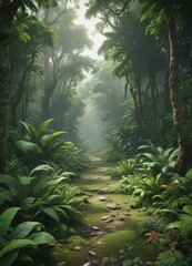 Naklejka premium Lush green tropical forest floor, dense undergrowth , environment, undergrowth, green