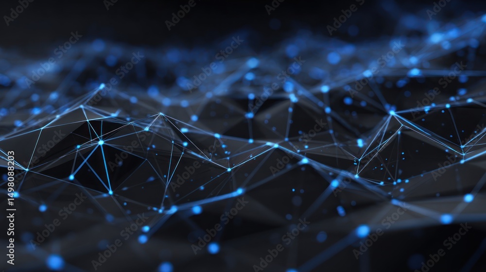 Aufkleber abstract low poly network with blue dots and lines on a dark background.