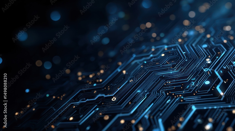 Poster abstract blue circuit board pattern with glowing dots represents technology and connectivity.