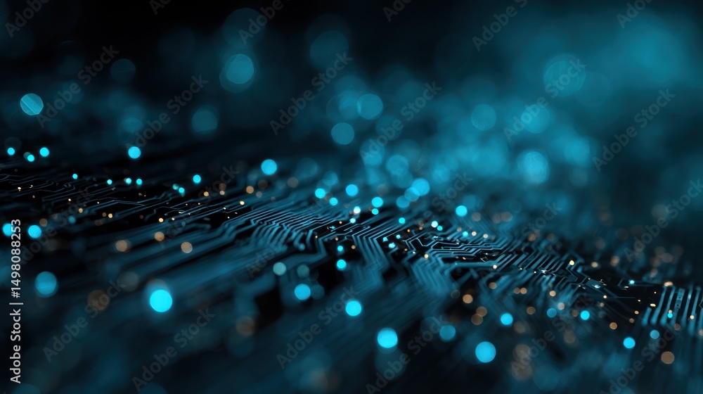 Poster abstract glowing blue dots on dark background suggest network connection or technology.