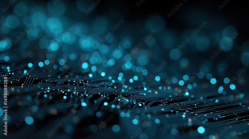 Poster abstract dark surface with glowing blue dots bokeh effect close up.