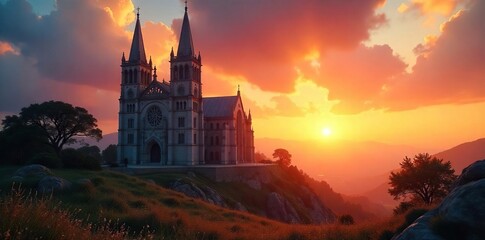 Fototapeta premium A breathtaking sunrise illuminates a majestic, ancient cathedral, symbolizing the enduring power and beauty of Christian faith The scene evokes peace, hope, and spiritual awakening , miracle, worship