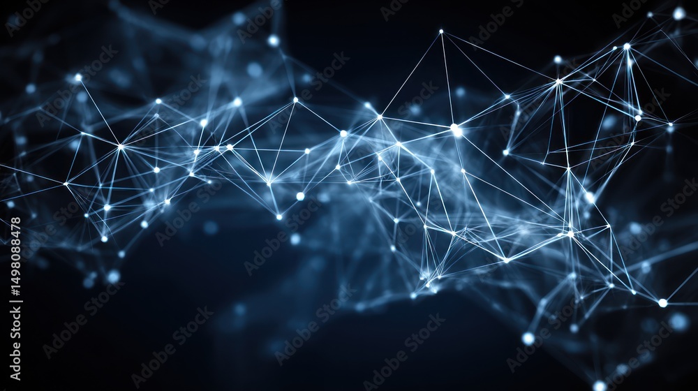 Poster abstract network of interconnected nodes and lines against a dark background.