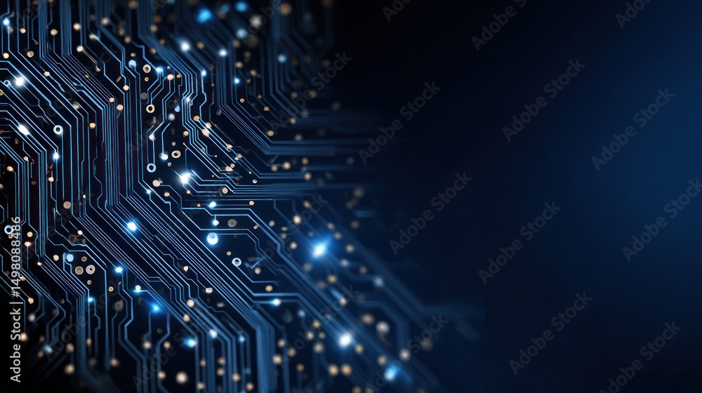Aufkleber circuit board pattern with interconnected lines and glowing points on a dark background.