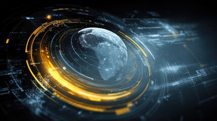 Abstract digital globe surrounded by glowing rings and geometric shapes on dark background.