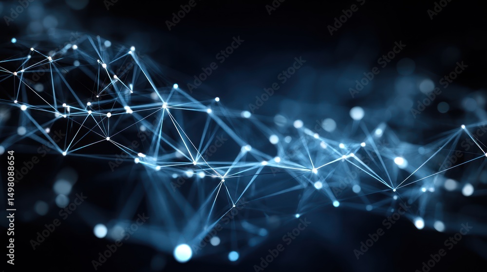 Poster abstract network of interconnected points and lines on a dark blue background.
