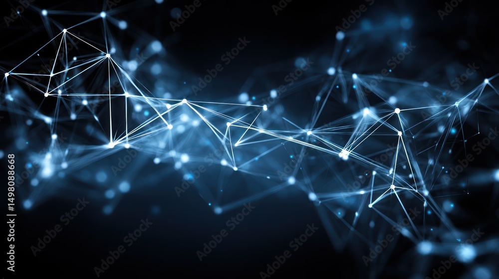 Poster blue network of interconnected dots and lines on a dark background.