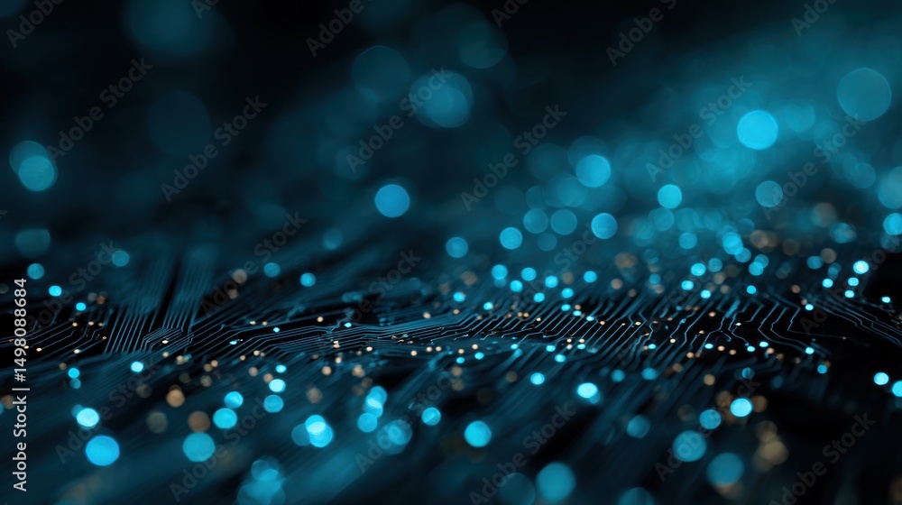 Poster abstract blue bokeh lights and lines suggest technology or a network connection.