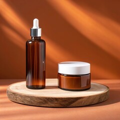 Skincare Product Duo Serum and Cream on a Wooden Plinth