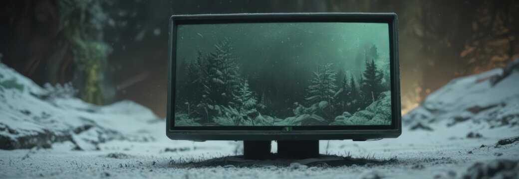 Dusty CRT screen displays snowy static, faint green glow , worn, cathode ray tube, static - Powered by Adobe
