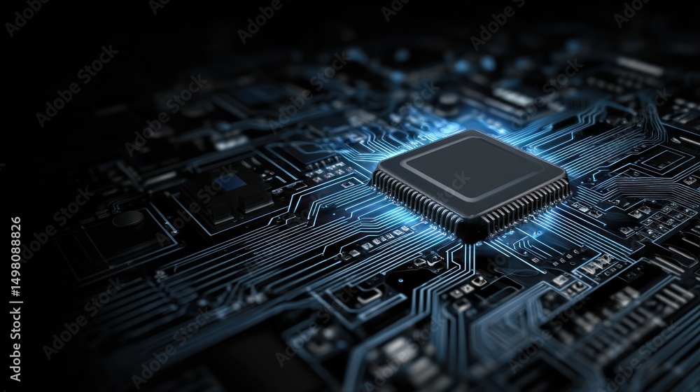Poster a computer chip sits on a circuit board with a blue glow.