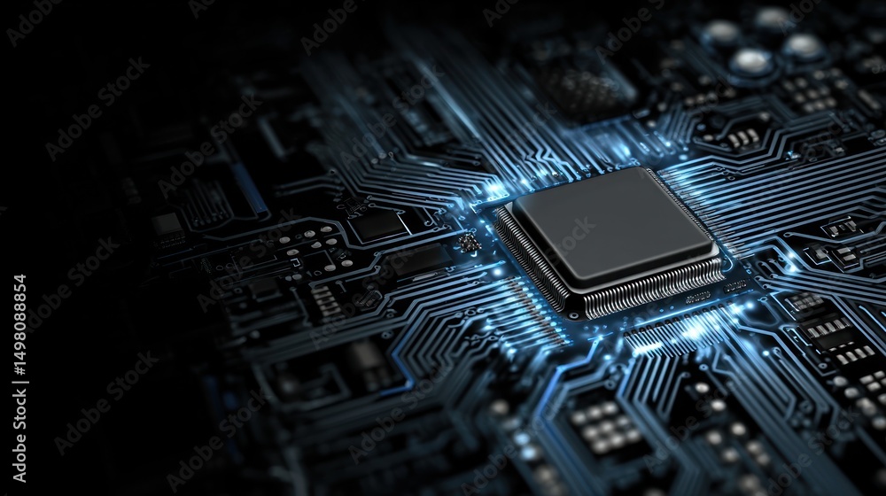 Aufkleber close-up of a computer chip on a circuit board with blue light.