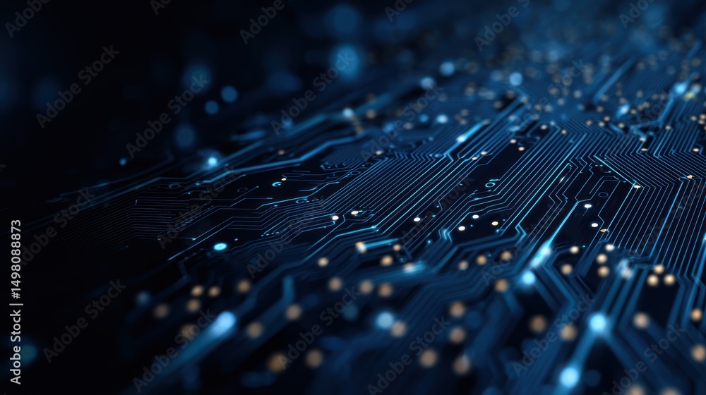 Poster blue circuit board pattern with glowing dots and lines represents technology.