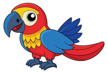 Cartoon Macaw Illustration Red Body, Yellow Neck, Blue Wings and Beak, Happy Face
