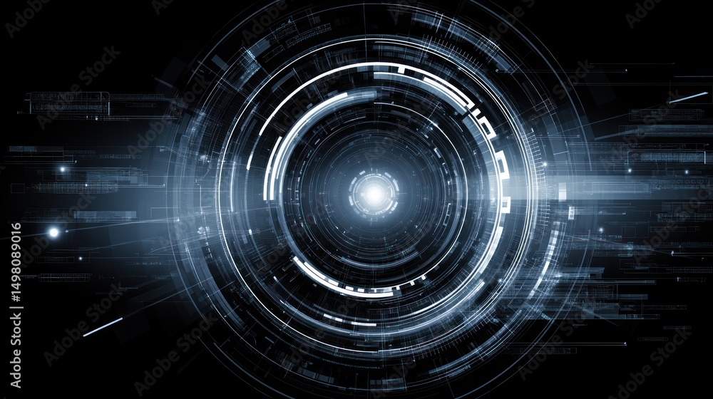 Poster abstract circular design with glowing center on a dark background.