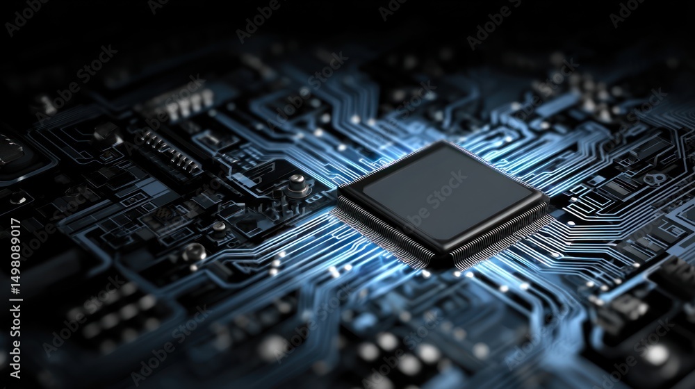 Poster electronic circuit board with central processor unit illuminated in blue light.
