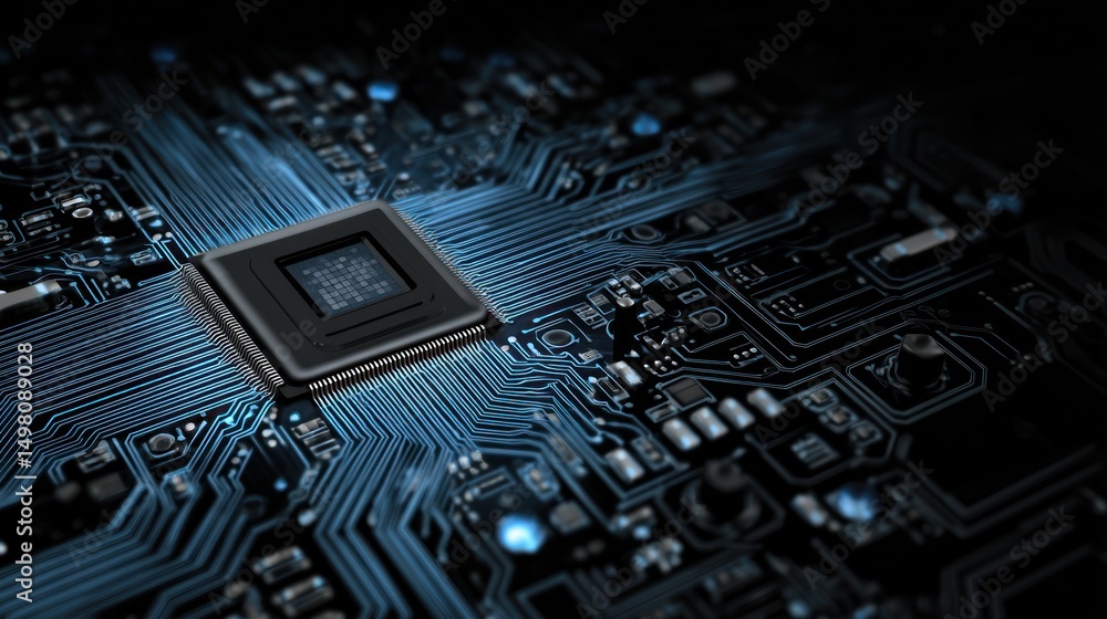 Poster microchip and circuit board with blue light detail in a dark setting.
