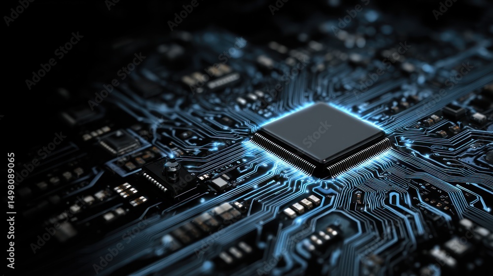 Poster close-up of a computer chip on a circuit board with blue light.