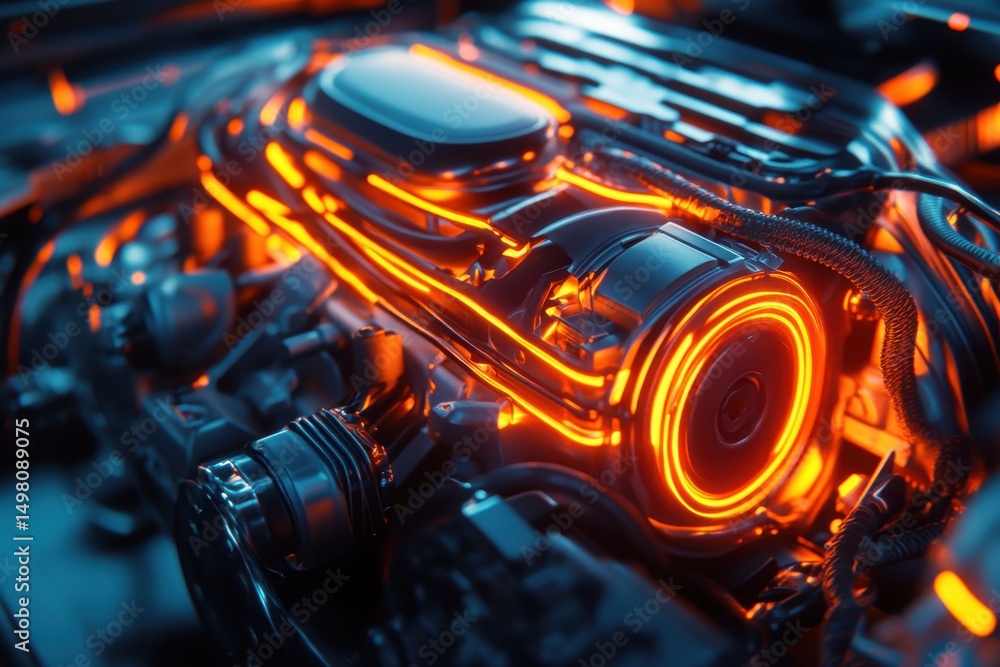 Aufkleber closeup view of an advanced futuristic car engine with glowing elements in a high-tech environment, 