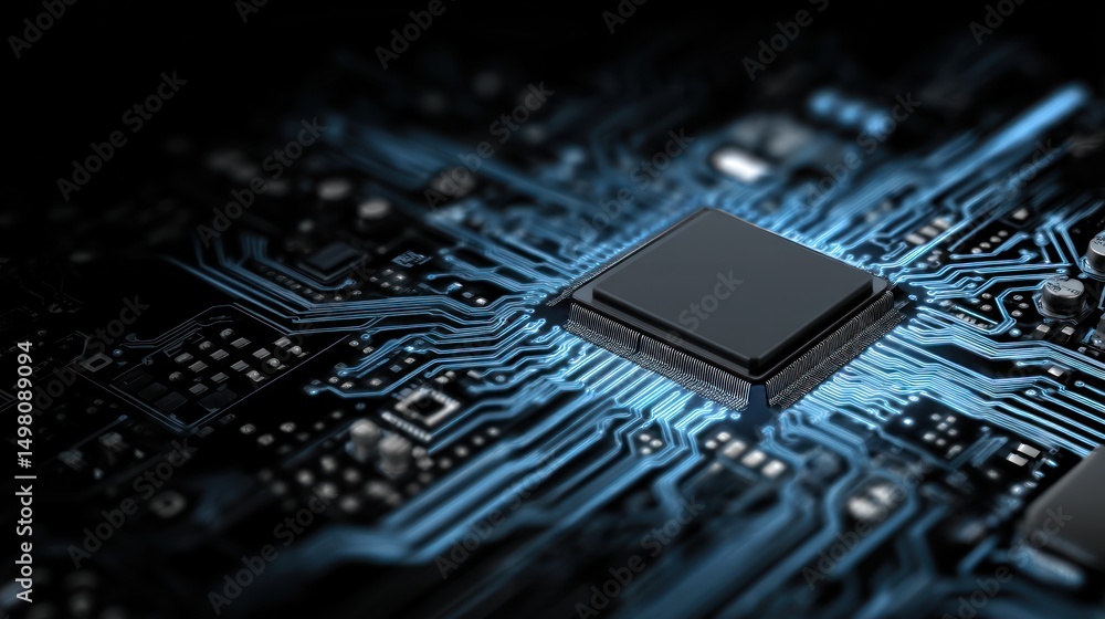 Poster close-up of a computer chip with intricate circuits and a dark background.