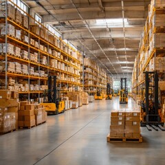 Warehouse interior with forklifts and boxes