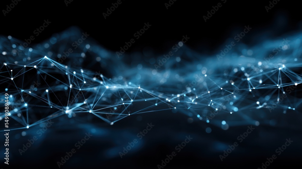 Poster abstract network with interconnected nodes and lines on a dark background.