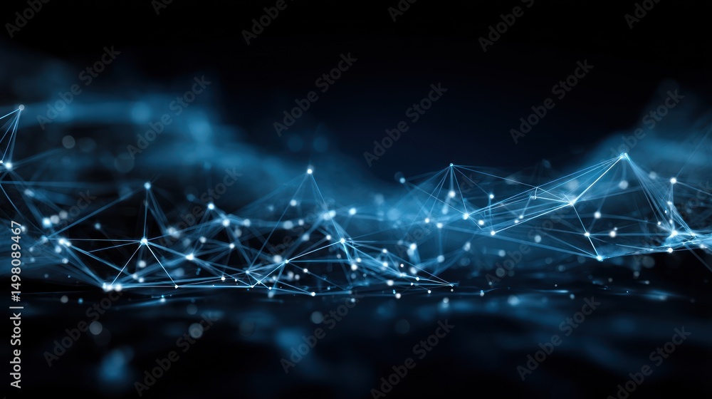 Poster abstract network of interconnected dots and lines on a dark background.