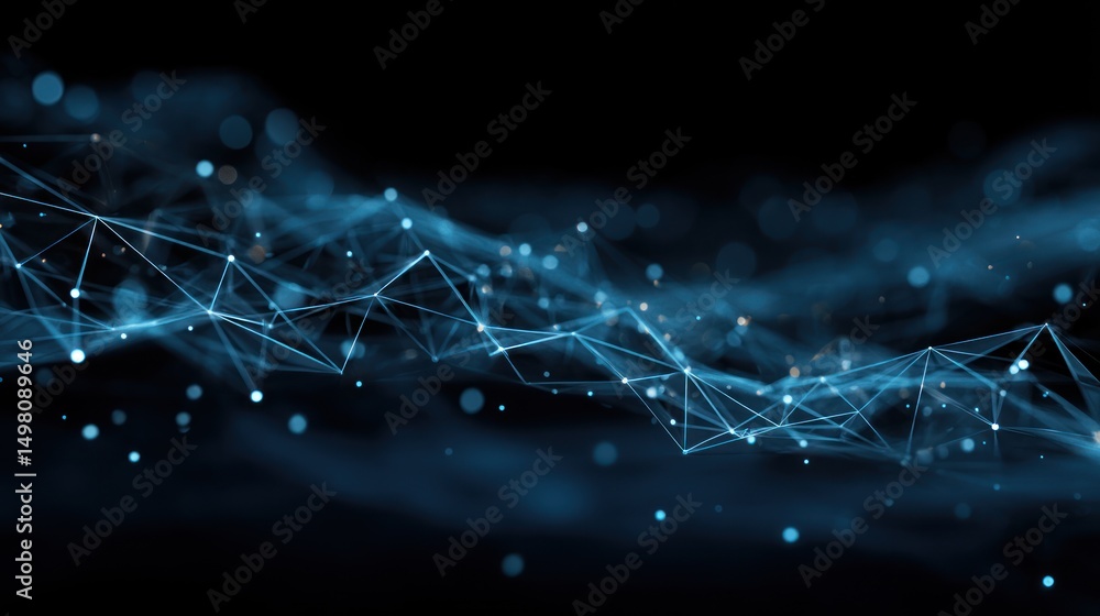 Poster abstract network of interconnected dots and lines against a dark background.