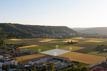 Land plot in aerial view. Gps registration survey of property, real estate for map with location,...