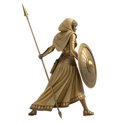 A Golden Warrior Woman, Viewed from Behind, Holding a Spear and Shield, on Transparent Background